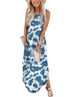 Women's Casual Loose Sundress Long Dress Sleeveless Split Maxi Dresses Summer Beach Dress with Pockets