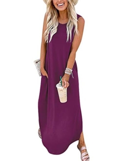 Women's Casual Loose Sundress Long Dress Sleeveless Split Maxi Dresses Summer Beach Dress with Pockets