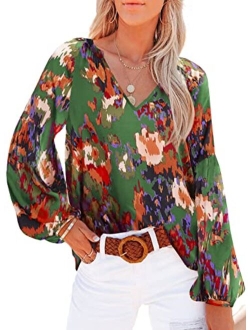 SHEWIN Womens Casual Boho Floral Print V Neck Long Sleeve Loose Blouses Shirts Tops