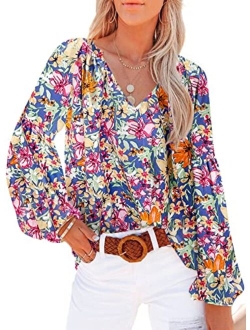 SHEWIN Womens Casual Boho Floral Print V Neck Long Sleeve Loose Blouses Shirts Tops