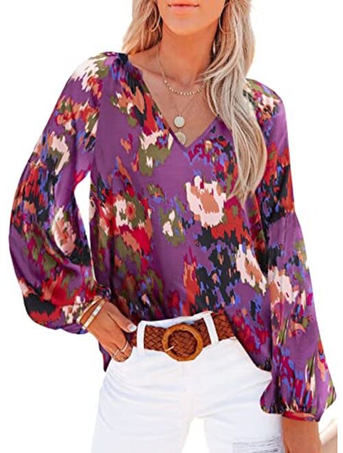 SHEWIN Womens Casual Boho Floral Print V Neck Long Sleeve Loose Blouses Shirts Tops