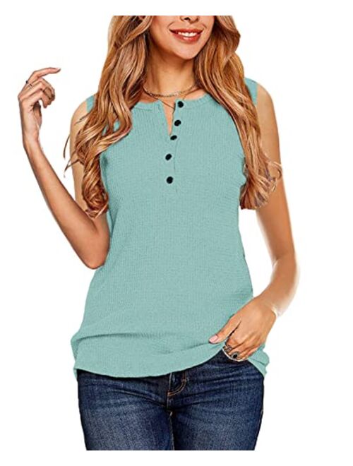 Glanzition Womens Tops Casual V Neck Button Up Loose Waffle Knit Tunic Henley Shirts