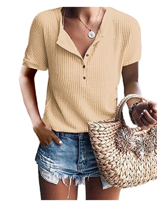 Glanzition Womens Tops Casual V Neck Button Up Loose Waffle Knit Tunic Henley Shirts