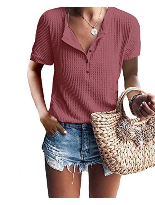 Glanzition Womens Tops Casual V Neck Button Up Loose Waffle Knit Tunic Henley Shirts