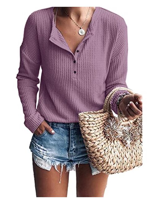 Glanzition Womens Tops Casual V Neck Button Up Loose Waffle Knit Tunic Henley Shirts