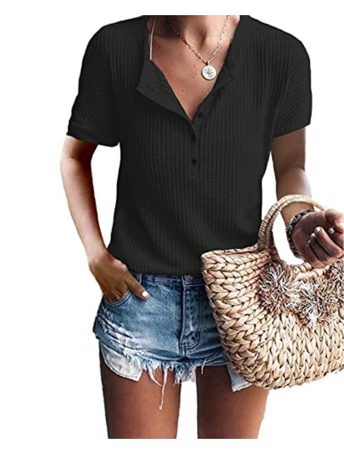 Glanzition Womens Tops Casual V Neck Button Up Loose Waffle Knit Tunic Henley Shirts