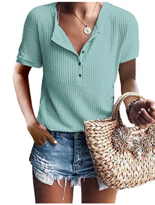 Glanzition Womens Tops Casual V Neck Button Up Loose Waffle Knit Tunic Henley Shirts