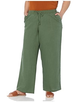 Women's Plus Size Linen Blend Drawstring Wide Leg Pant