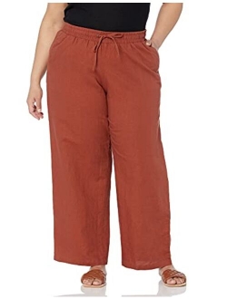 Women's Plus Size Linen Blend Drawstring Wide Leg Pant