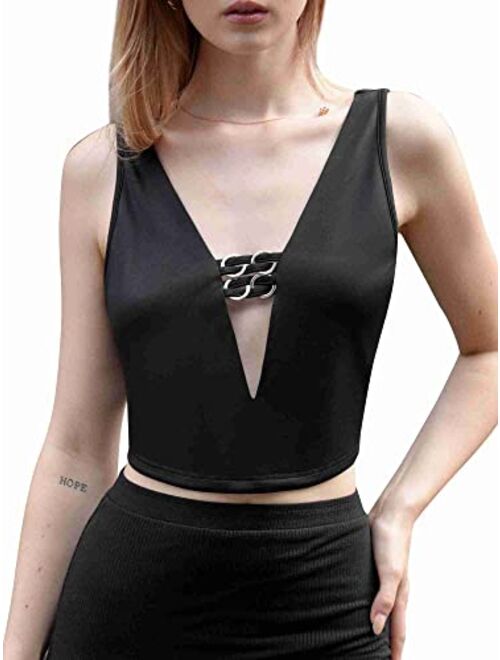 ZAFUL Women's Spaghetti Straps V Neck Front Twisted Solid Racerback Tank Cropped Cami Top