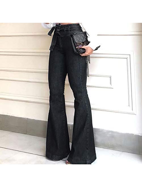 Pantete Womens High Waisted Bell Bottom Jeans Denim High Rise Flare Jean Pants with Wide Leg and Belt