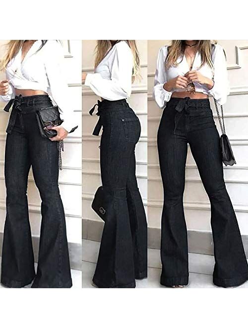 Pantete Womens High Waisted Bell Bottom Jeans Denim High Rise Flare Jean Pants with Wide Leg and Belt