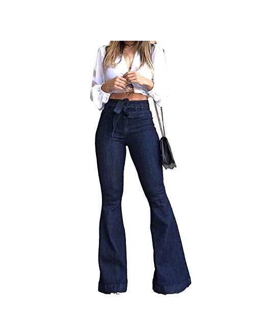 Pantete Womens High Waisted Bell Bottom Jeans Denim High Rise Flare Jean Pants with Wide Leg and Belt