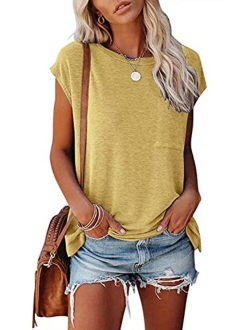 Women's Casual Cap Sleeve T Shirts Basic Summer Tops Loose Solid Color Blouse