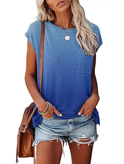 Women's Casual Cap Sleeve T Shirts Basic Summer Tops Loose Solid Color Blouse