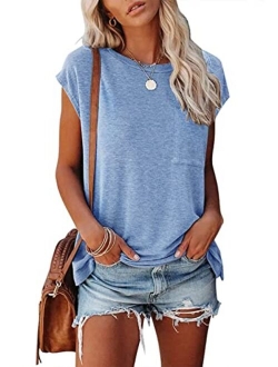 Women's Casual Cap Sleeve T Shirts Basic Summer Tops Loose Solid Color Blouse