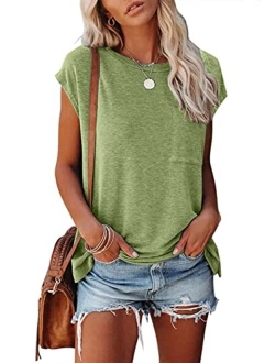 Women's Casual Cap Sleeve T Shirts Basic Summer Tops Loose Solid Color Blouse