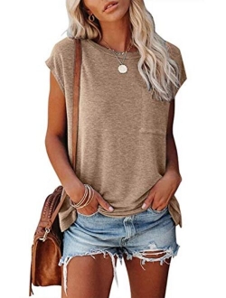 Women's Casual Cap Sleeve T Shirts Basic Summer Tops Loose Solid Color Blouse