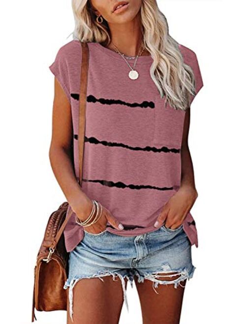 MEROKEETY Women's Casual Cap Sleeve T Shirts Basic Summer Tops Loose Solid Color Blouse