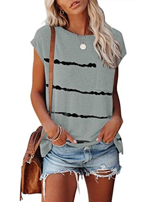 MEROKEETY Women's Casual Cap Sleeve T Shirts Basic Summer Tops Loose Solid Color Blouse