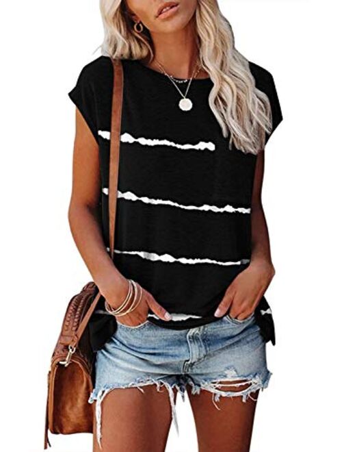 MEROKEETY Women's Casual Cap Sleeve T Shirts Basic Summer Tops Loose Solid Color Blouse