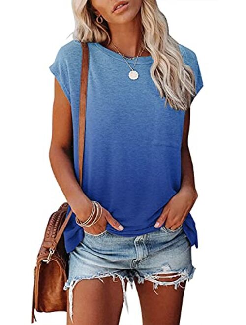 MEROKEETY Women's Casual Cap Sleeve T Shirts Basic Summer Tops Loose Solid Color Blouse