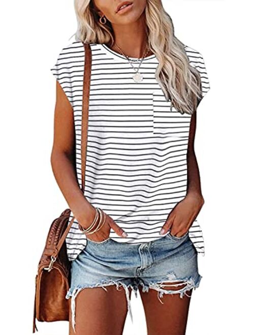 MEROKEETY Women's Casual Cap Sleeve T Shirts Basic Summer Tops Loose Solid Color Blouse