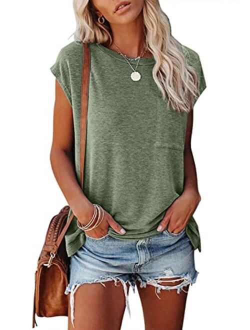 MEROKEETY Women's Casual Cap Sleeve T Shirts Basic Summer Tops Loose Solid Color Blouse