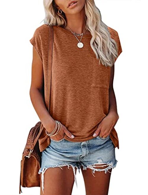 MEROKEETY Women's Casual Cap Sleeve T Shirts Basic Summer Tops Loose Solid Color Blouse