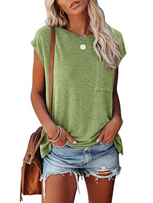 MEROKEETY Women's Casual Cap Sleeve T Shirts Basic Summer Tops Loose Solid Color Blouse