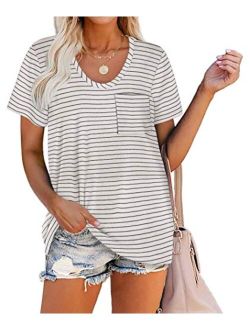 WIHOLL Women Summer T Shirts Short Sleeve Rounded V Neck Pocket Tee Tops