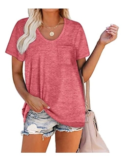 WIHOLL Women Summer T Shirts Short Sleeve Rounded V Neck Pocket Tee Tops