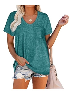 WIHOLL Women Summer T Shirts Short Sleeve Rounded V Neck Pocket Tee Tops