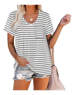 WIHOLL Women Summer T Shirts Short Sleeve Rounded V Neck Pocket Tee Tops