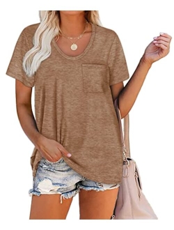 WIHOLL Women Summer T Shirts Short Sleeve Rounded V Neck Pocket Tee Tops