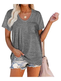 WIHOLL Women Summer T Shirts Short Sleeve Rounded V Neck Pocket Tee Tops