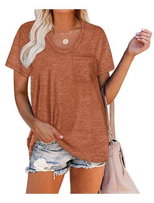 WIHOLL Women Summer T Shirts Short Sleeve Rounded V Neck Pocket Tee Tops