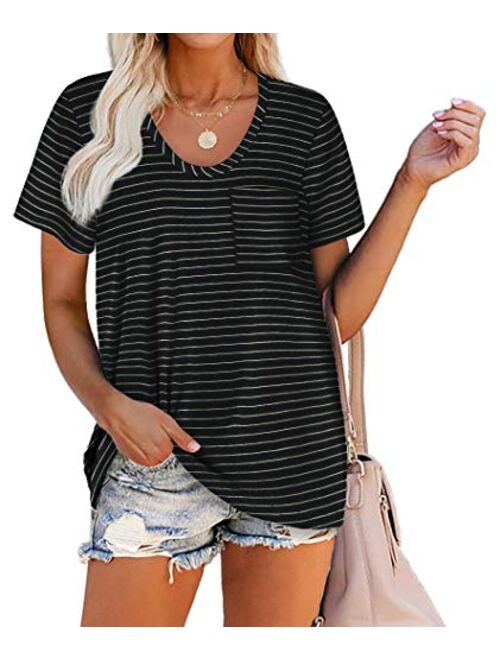 WIHOLL Women Summer T Shirts Short Sleeve Rounded V Neck Pocket Tee Tops