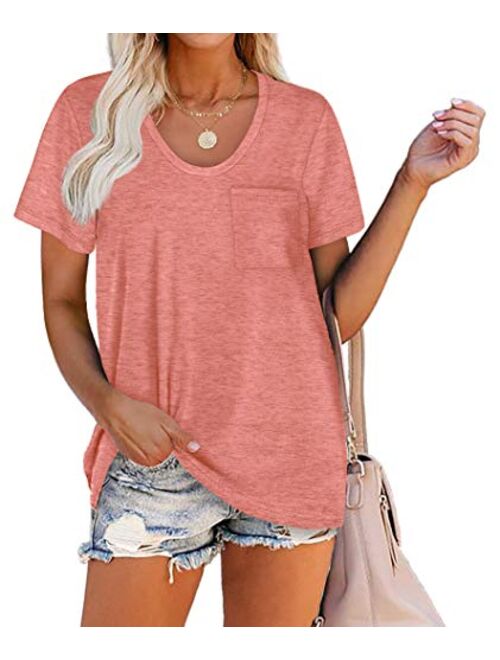 WIHOLL Women Summer T Shirts Short Sleeve Rounded V Neck Pocket Tee Tops