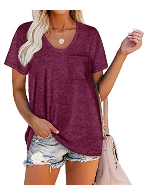 WIHOLL Women Summer T Shirts Short Sleeve Rounded V Neck Pocket Tee Tops