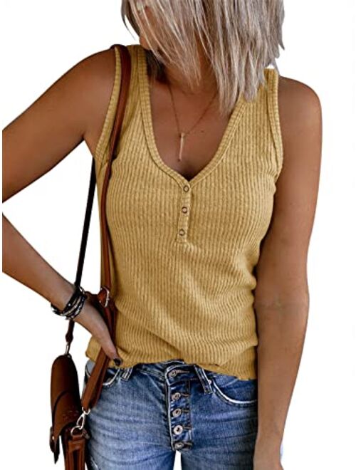 Saodimallsu Womens V Neck Tank Tops Summer Ribbed Sleeveless Henley Shirts Casual Loose Button Up Cami Knit Tees