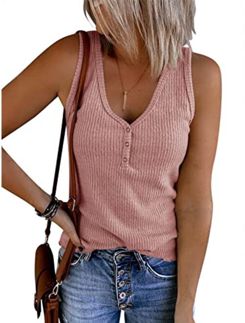 Saodimallsu Womens V Neck Tank Tops Summer Ribbed Sleeveless Henley Shirts Casual Loose Button Up Cami Knit Tees