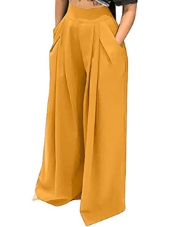 LKOUS Women's Stretchy High Waisted Wide Leg Button-Down Pants