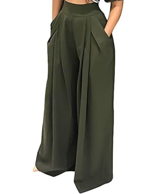 LKOUS Women's Stretchy High Waisted Wide Leg Button-Down Pants