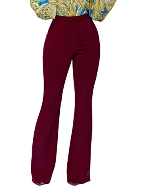 LKOUS Women's Stretchy High Waisted Wide Leg Button-Down Pants