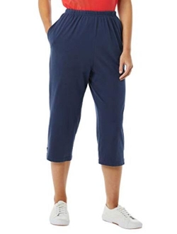 AmeriMark Women’s Knit Capris – 100% Cotton Pants with Stretch Elastic Waist