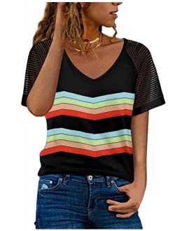 WEESO Casual V Neck T Shirts for Women Mesh Short Sleeve Dressy Tops