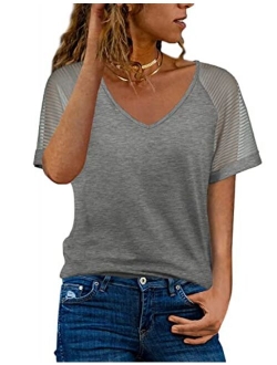 WEESO Casual V Neck T Shirts for Women Mesh Short Sleeve Dressy Tops