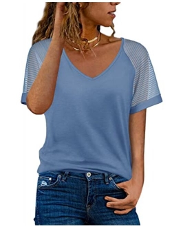 WEESO Casual V Neck T Shirts for Women Mesh Short Sleeve Dressy Tops