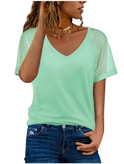 WEESO Casual V Neck T Shirts for Women Mesh Short Sleeve Dressy Tops